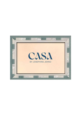 Azure wood photo frame 6x4 with teal and white mosaic border and casa by josephine janno logo on cream background