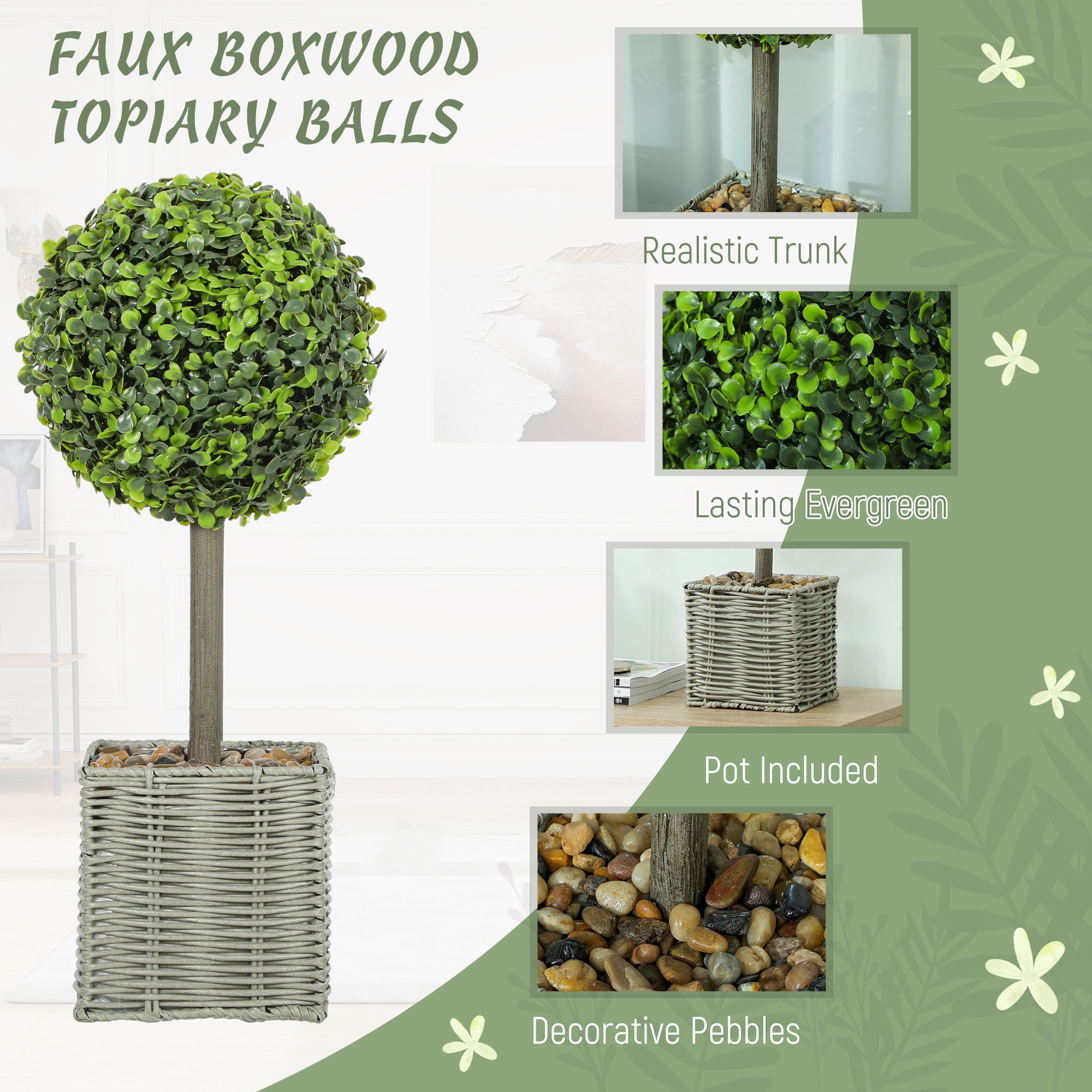 HOMCOM Set of 2 Decorative Artificial Plants, 50cm Faux Boxwood Topiary Balls with Woven Plastic Pot and Pebbles, Fake Plants for Home or Office Decor, Green