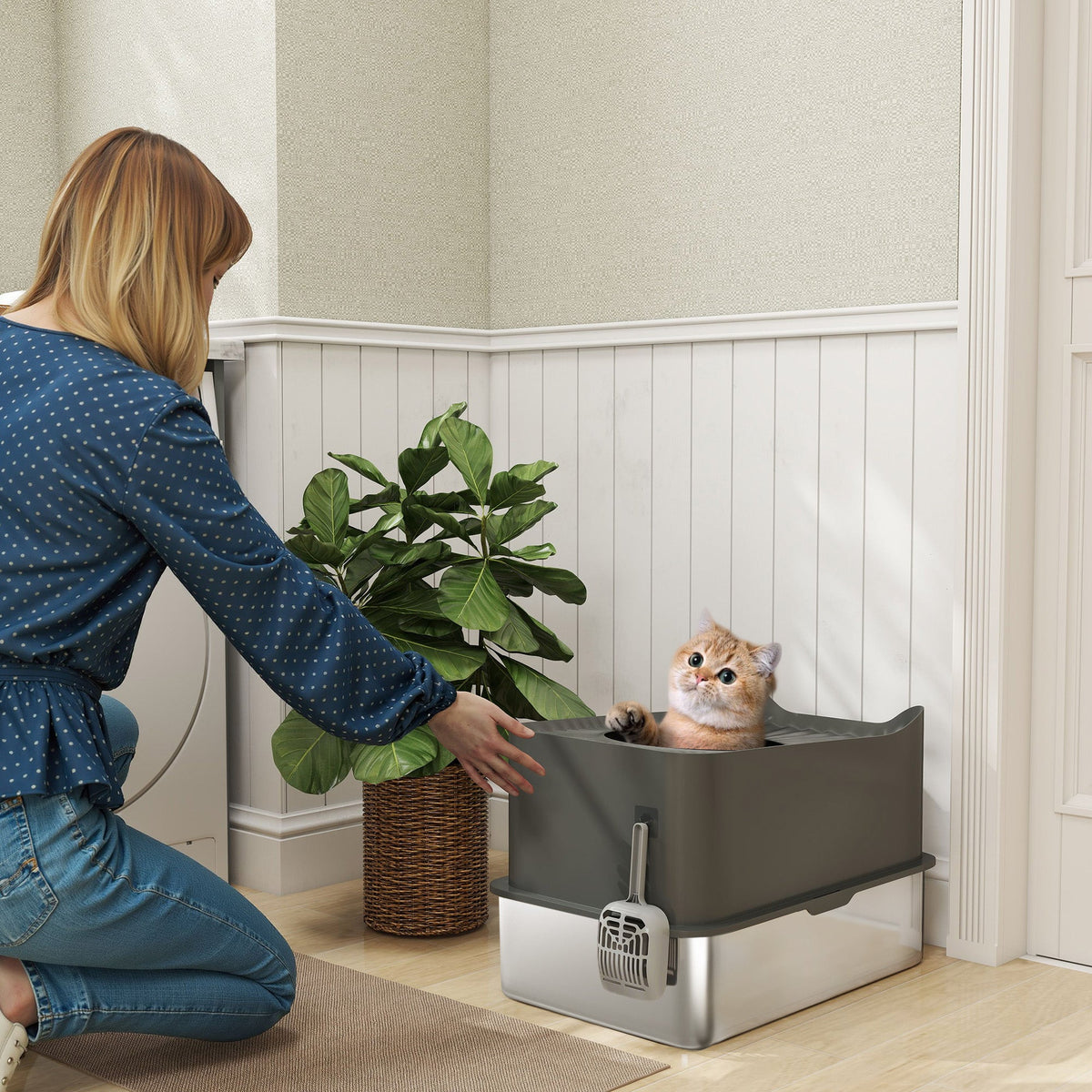 PawHut Stainless Steel Cat Litter Tray, Extra Large Enclosed Litter Box with Scoop, Top Entrance, Non-slip Pads, Dark Grey