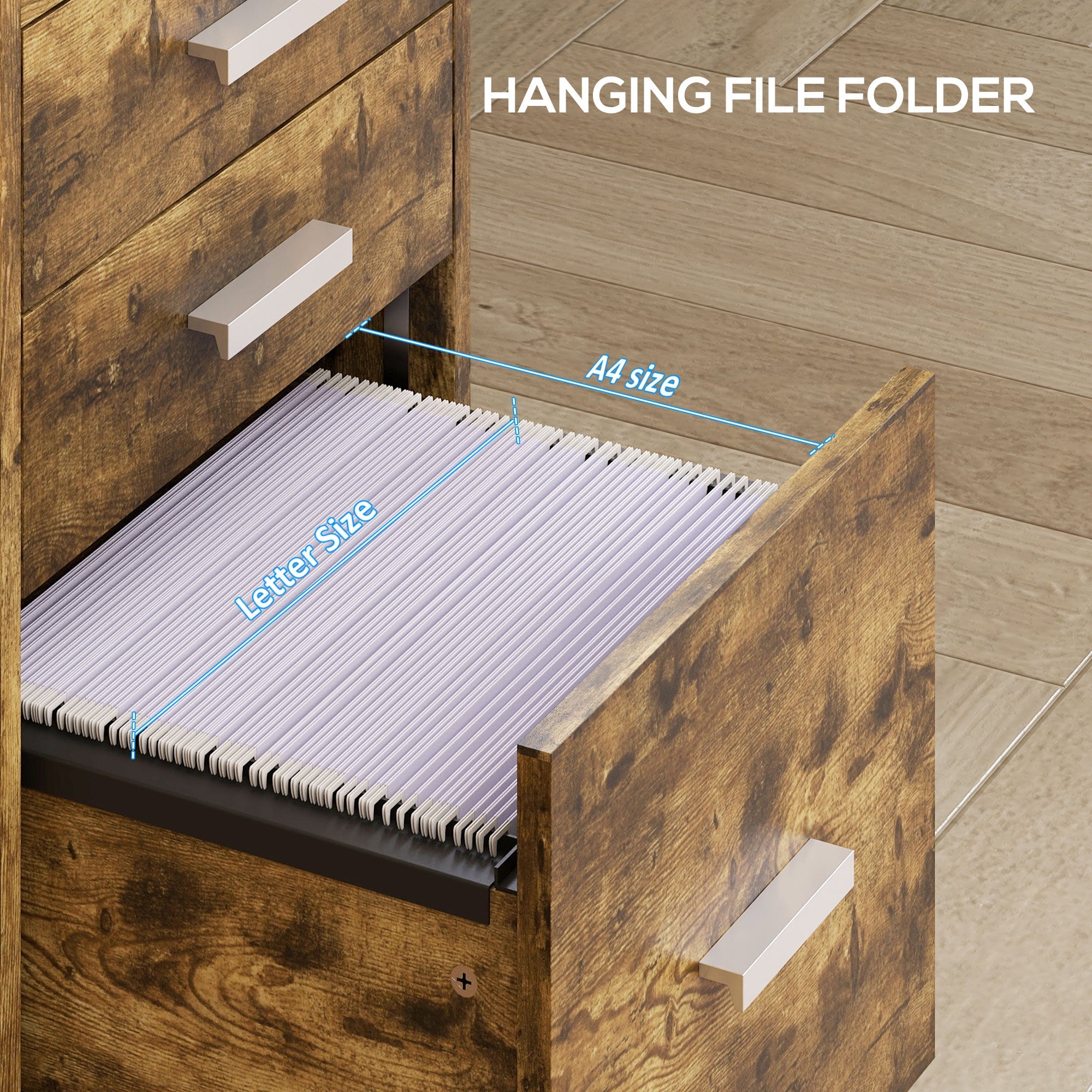 HOMCOM 3 Drawer Filing Cabinet, Rolling File Cabinet with Edged Top for Letter, A4 Size, Hanging File Folders, Rustic Brown