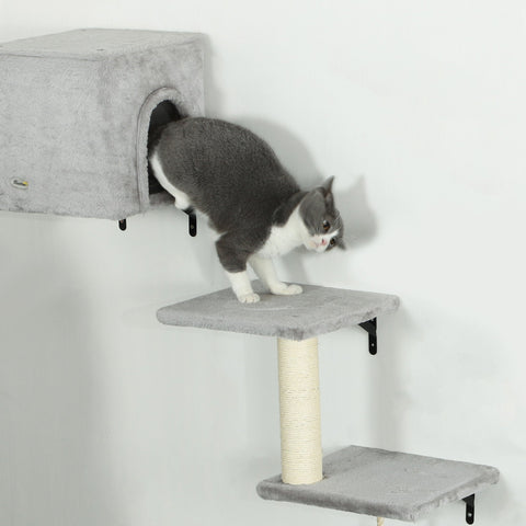 PawHut 6-Piece Cat Wall Shelves Set with Condo, Cat Wall Furniture with Platforms, Sisal Scratching Post, Bed, Toy Ball, Grey