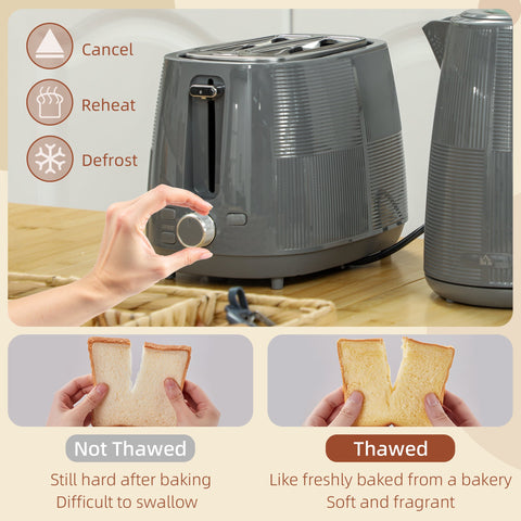 HOMCOM Kettle and Toaster Set, 1.7L 3000W Fast Boil Kettle & 2 Slice Toaster Kitchen Set with 7 Level Browning Controls, Defrost, Reheat, Boil-dry Protection, Grey