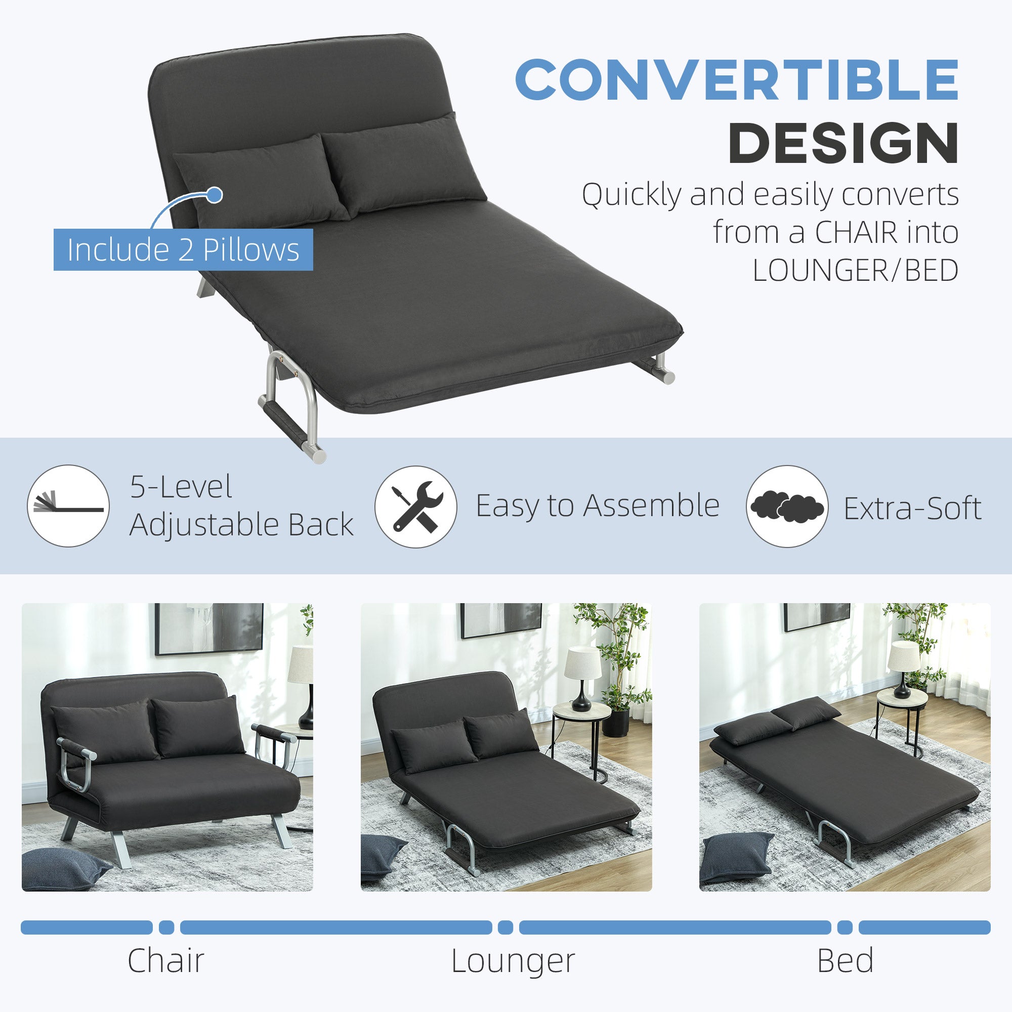 HOMCOM Two-Seater Click-Clack Sofa Bed - Charcoal Grey