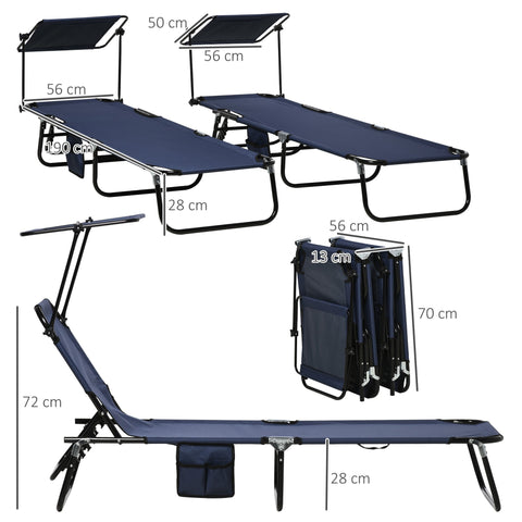 Outsunny 2 Piece Folding Sun Loungers with Canopy, Adjustable Recliner Garden Chairs with Side Pocket, Steel Frame and Breathable Mesh for Outdoor, Pool, Beach, Garden, Dark Blue
