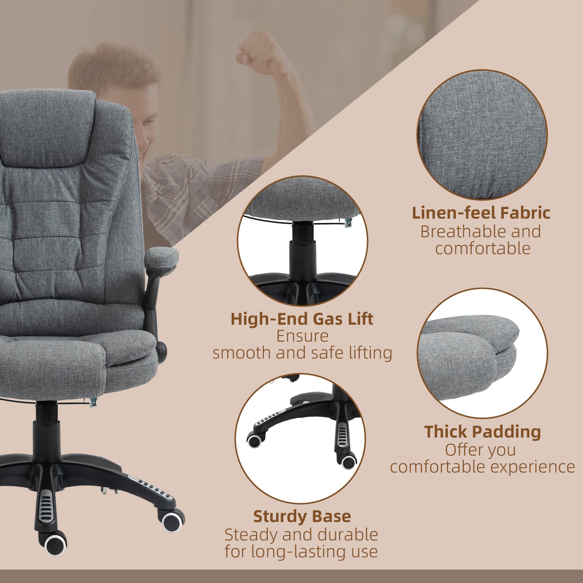 Vinsetto Massage Recliner Chair Heated Office Chair with Six Massage Points Linen-Feel Fabric 360\'c2\'b0 Swivel Wheels Grey