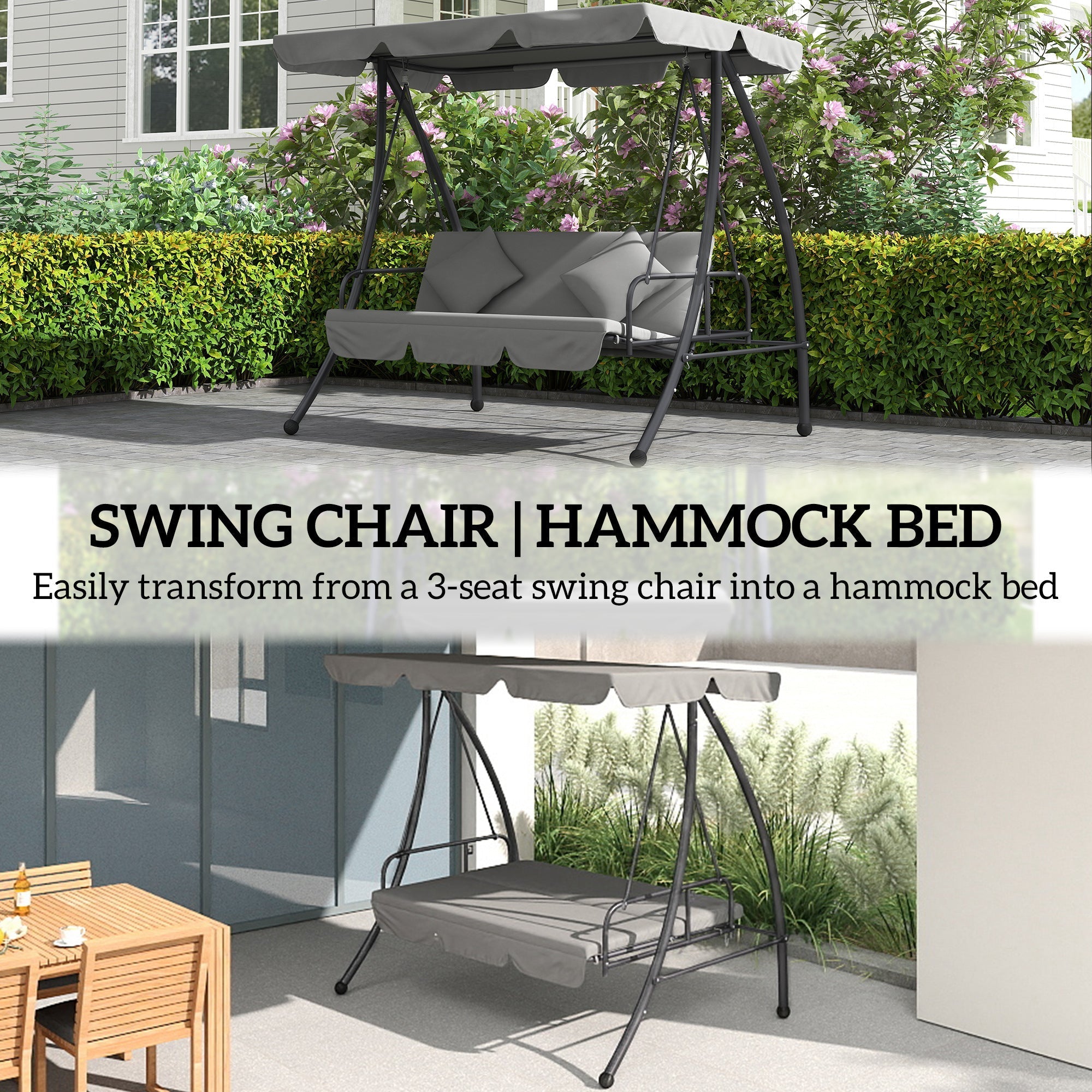 Outsunny Outdoor 2-in-1 Swing Chair Lounger 3 Seater Garden Swing Seat Bed Convertible Tilt Canopy W/ Cushion, Light Grey