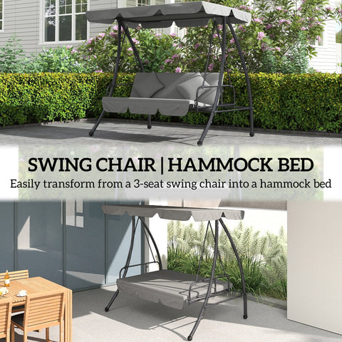 Outsunny Outdoor 2-in-1 Swing Chair Lounger 3 Seater Garden Swing Seat Bed Convertible Tilt Canopy W/ Cushion, Light Grey