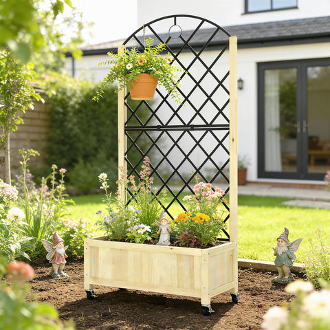 Outsunny Raised Garden Bed with Metal Trellis, Wooden Elevated Planter Box with Lockable Wheels, Outdoor Raised Planter, Natural