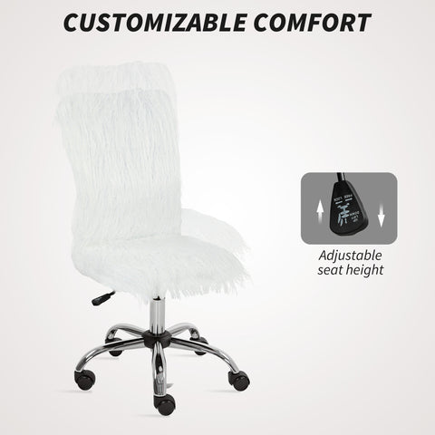 HOMCOM Plush Office Desk Chair, Modern Armless Swivel Vanity Chair with Adjustable Height for Home Office, Bedroom, Living Room, White
