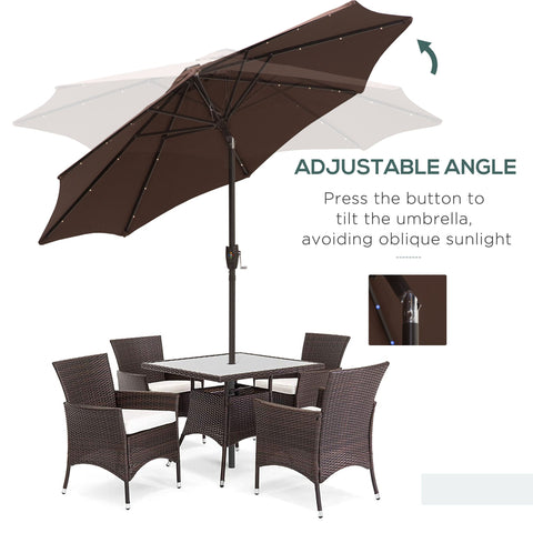 Outsunny Φ2.7m Garden 24 LED Light Parasol Solar Outdoor Tilt Sun Umbrella Patio Club Party Event Manual Sun Shade w/ Hand Crank and 8 Ribs, Brown