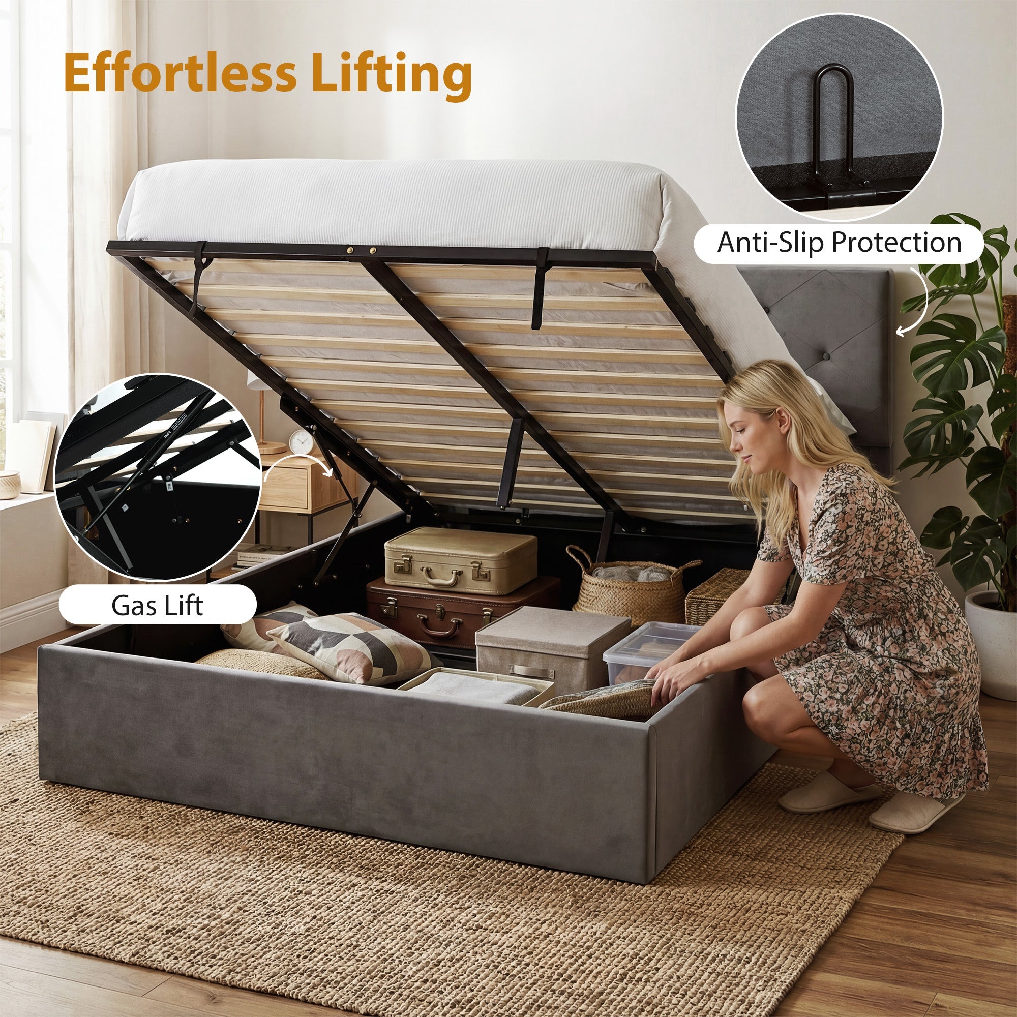 HOMCOM Double Bed Frame Gas Side Lift Under Bed Storage Upholstered Platform Bed Tufted Headboard for 140 x 190 cm Mattress