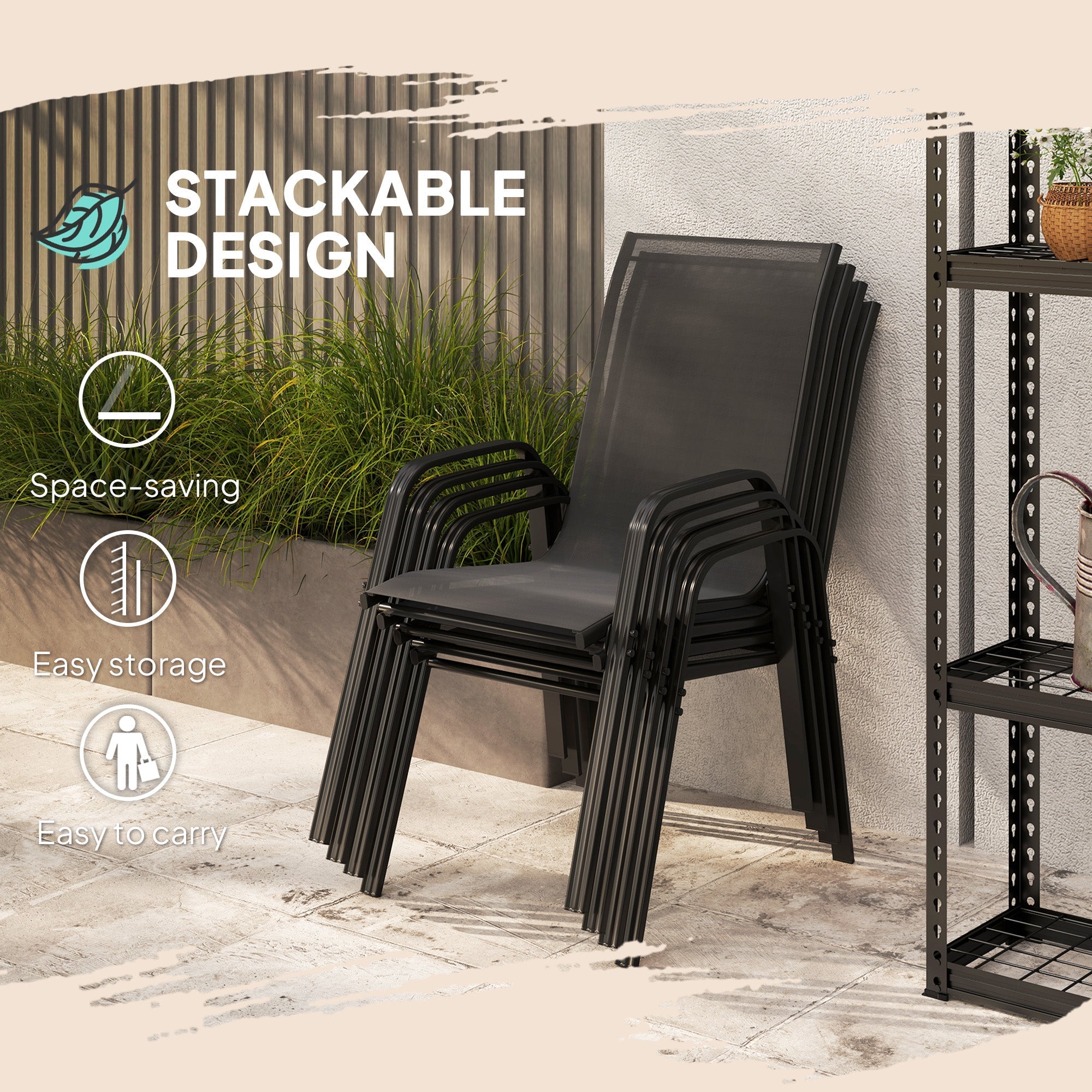 Outsunny Set of Four Stackable Mesh Seat Chairs - Black