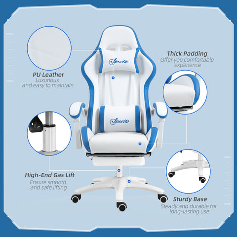 Vinsetto Computer Gaming Chair, PU Leather Desk Chair with Footrest, Swivel Task Chair with 135\'c2\'b0 Reclining Back and Lumbar Support, PC Chair for Adults, White and Blue