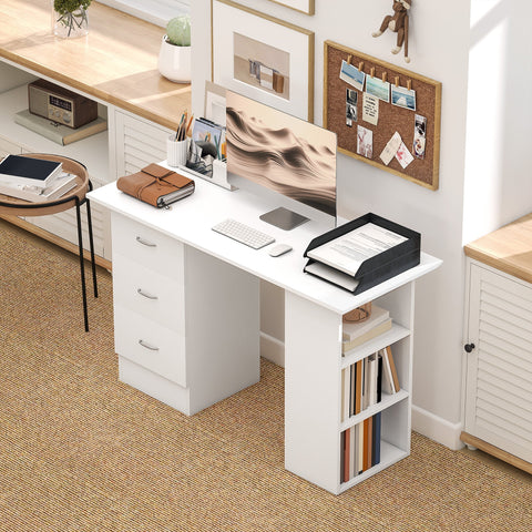 HOMCOM Computer Desk, Writing Table, PC Workstation with 3 Storage Shelves and Drawers, Silver Handle, for Home Office, White