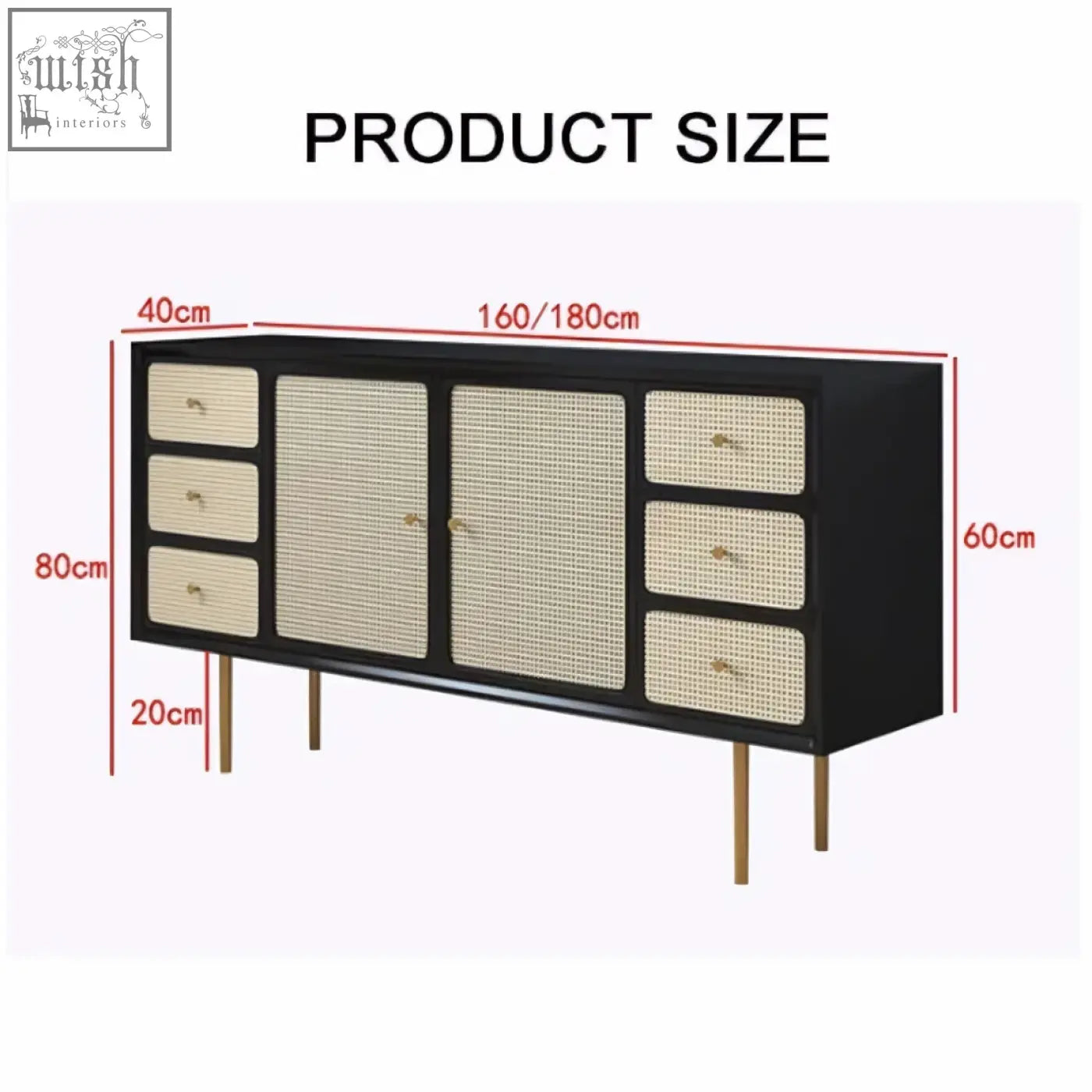 Black babs rattan sideboard with woven beige cane panels and gold tone legs featuring drawers and wood accents
