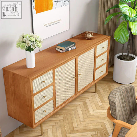 Light wood babs rattan sideboard with woven cane panel doors and drawers with gold-tone handles