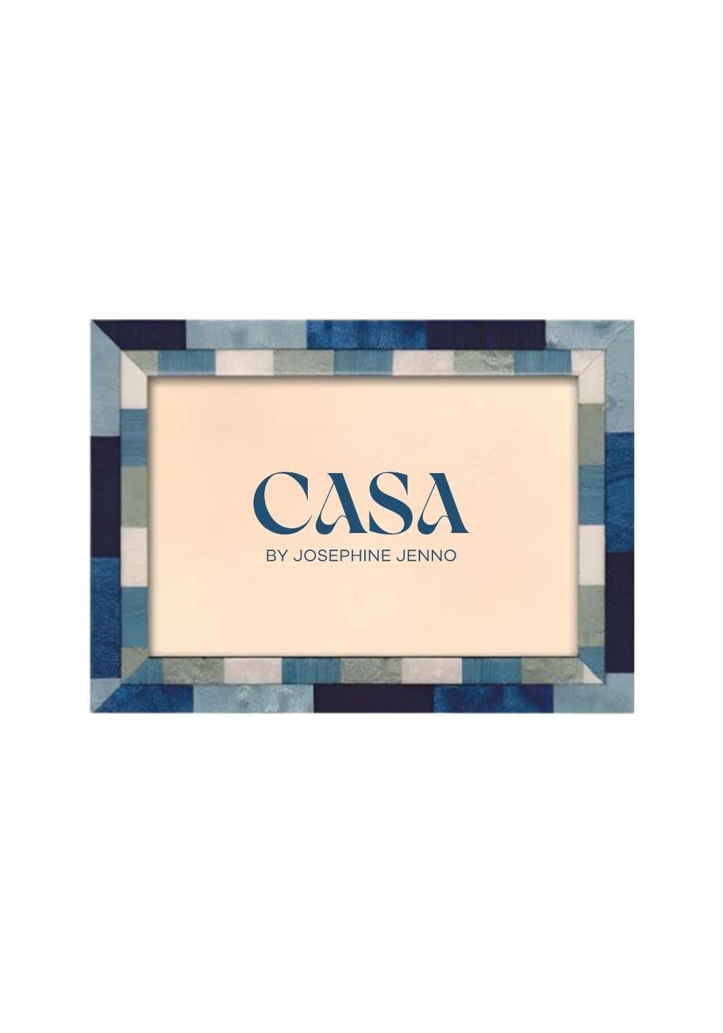 Rectangular baby blue marquetry photo frame with mosaic blue gray border and cream inner mat by casa by josephine jenno