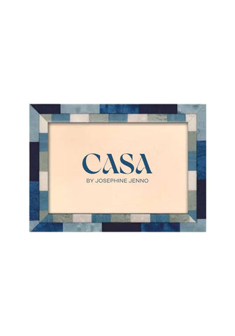 Rectangular baby blue marquetry photo frame with mosaic blue gray border and cream inner mat by casa by josephine jenno