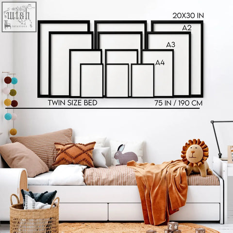Set of black minimalist picture frames in a2 a3 and a4 sizes perfect for baby’s room wall art prints
