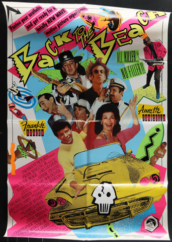 Back to the beach 1987 original us one sheet movie poster featuring a vibrant yellow convertible with black skull emblem
