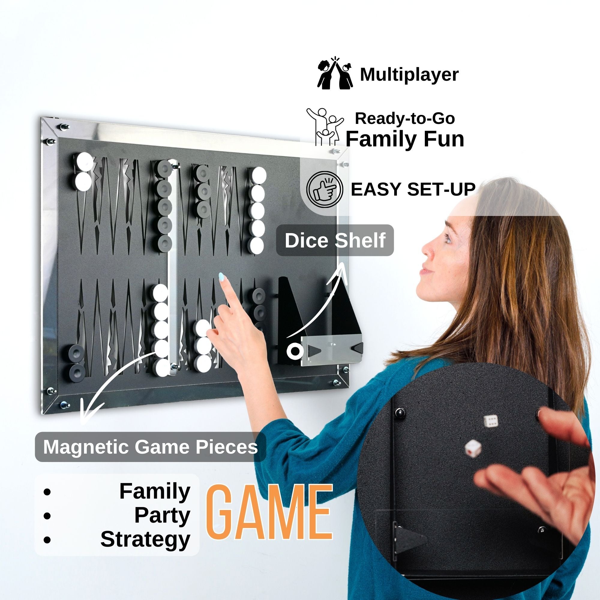 Black magnetic backgammon wall game with white and black pieces mounted as home board wall deco showing numbers rolled