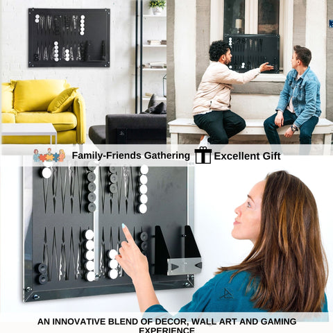 Black magnetic backgammon wall game with sleek design and white checkers perfect for home board wall deco and tracking numbers rolled