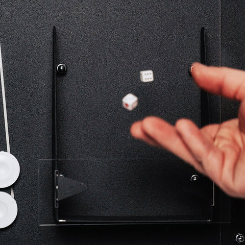 White six-sided dice with black pips tossed above a black gaming tray in the backgammon wall game for home board decor