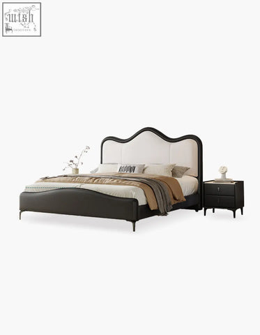 Black and cream upholstered badham king size bed with curved leather headboard for stylish king size bedroom