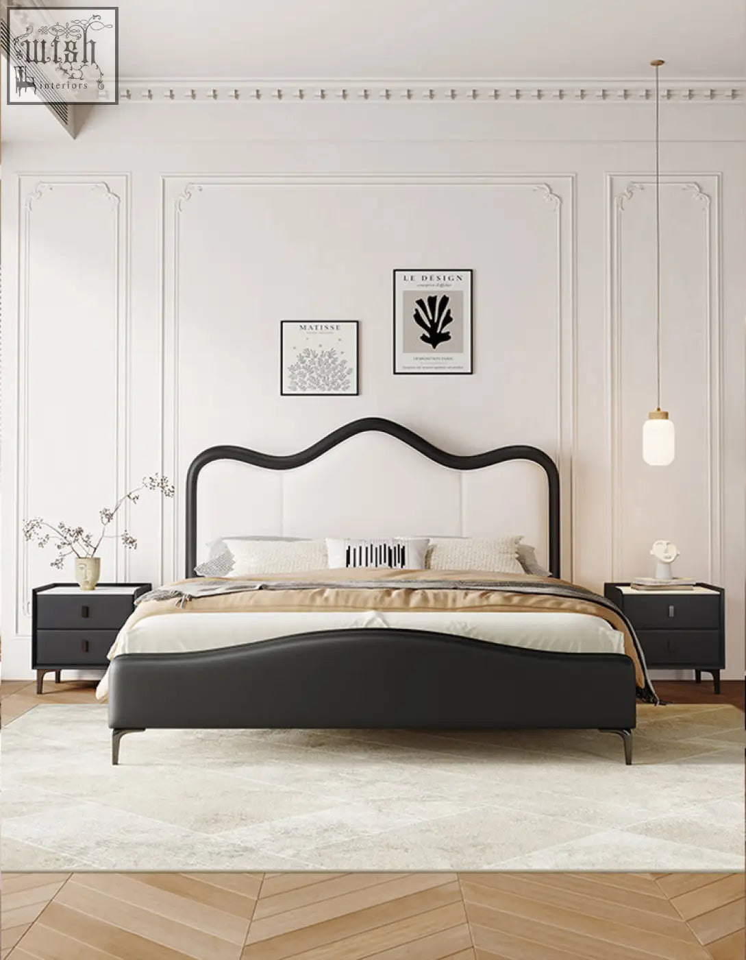 Black leather badham king size bed with curved headboard and matching footboard king size bed design