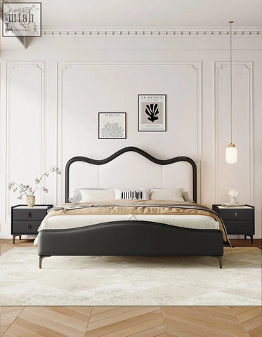 Black leather badham king size bed with curved headboard and matching footboard king size bed design