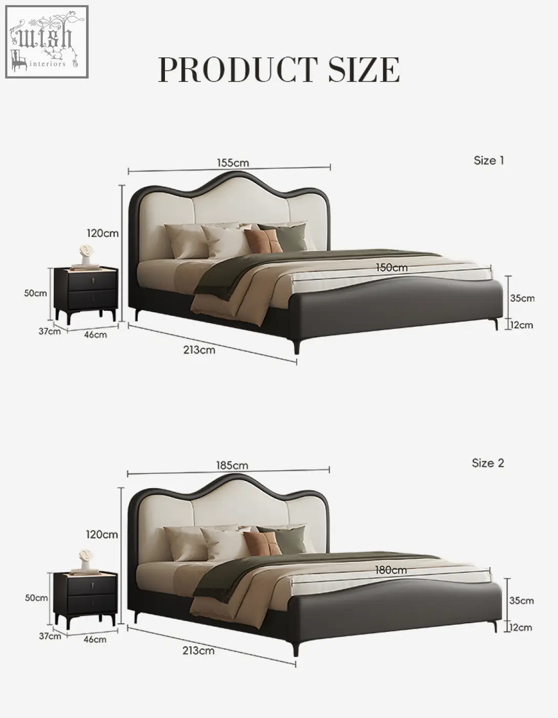 Modern badham king size bed with black and beige leather upholstery and curved headboard king size bed