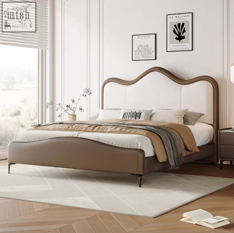 Badham king size bed with beige tufted fabric headboard and dark brown wooden frame king size bed