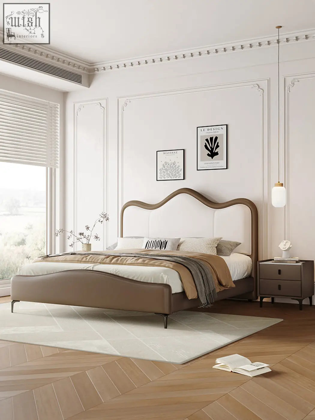 Modern badham king size bed with curved wooden headboard and beige leather upholstery king size bed for comfort
