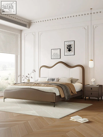 Modern badham king size bed with curved wooden headboard and beige leather upholstery king size bed for comfort