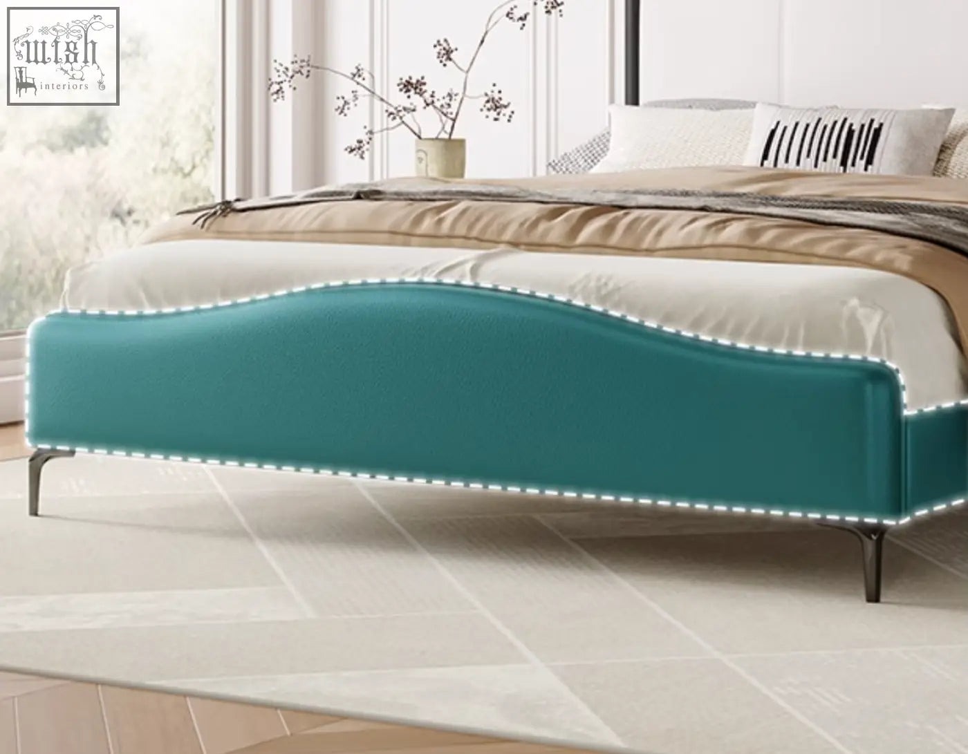 Teal upholstered badham king size bed with curved modern design and sleek black metal legs king size bed