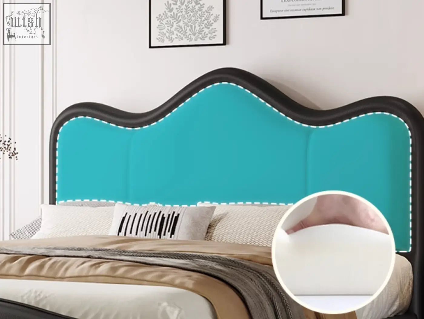 Turquoise upholstered badham king size bed headboard with black leather frame and stitched detailing