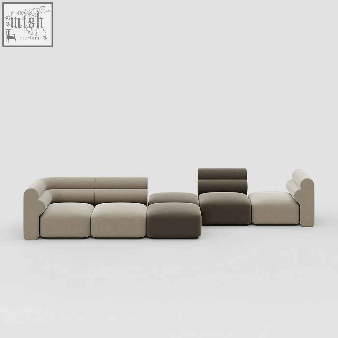 Modular three seater corner sofa in beige and taupe velvet with soft rounded cushions for cozy seating