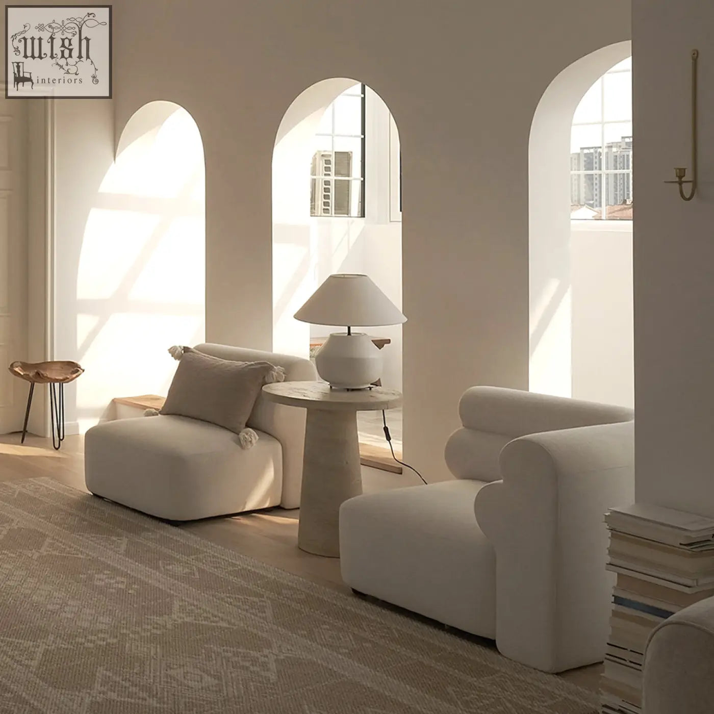 Cream-colored plush three seater corner sofa with rounded contours and soft velvet upholstery for cozy seating