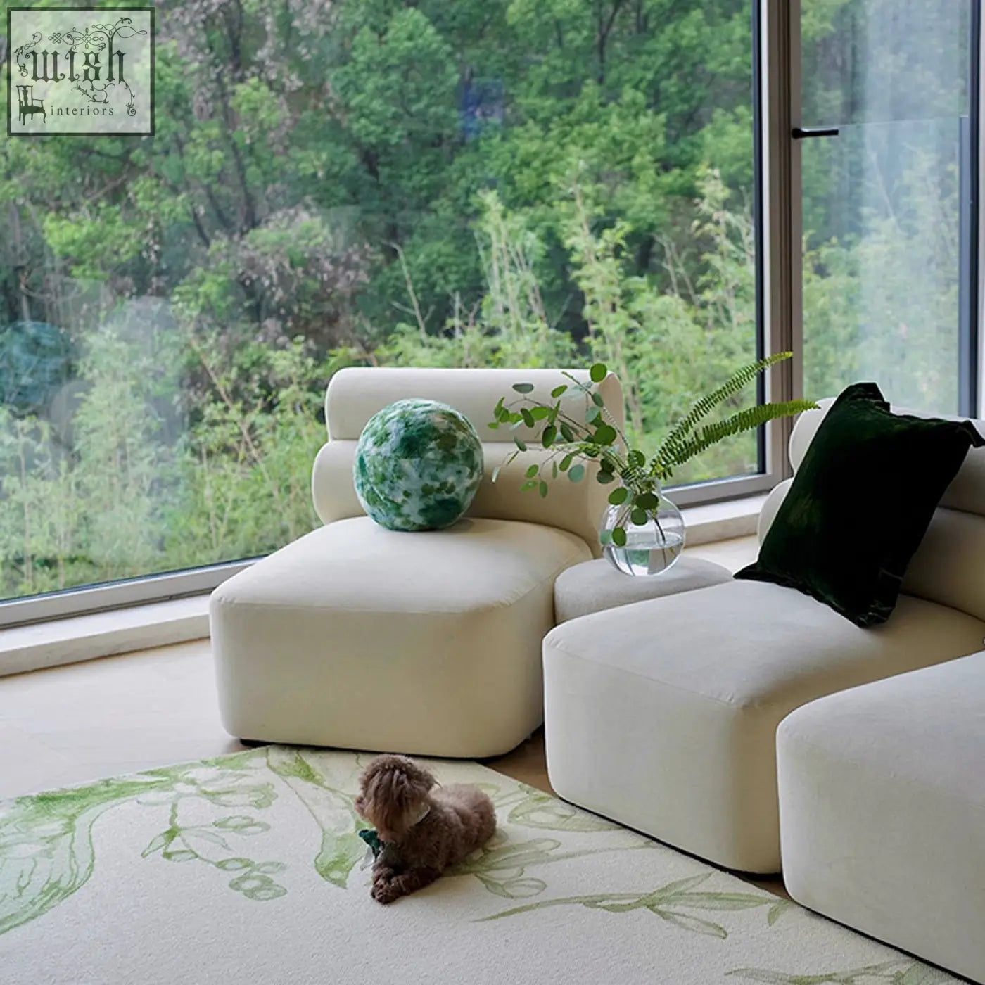 Cream-colored velvet bae three seater corner sofa with soft rounded cushions and minimalist modular design