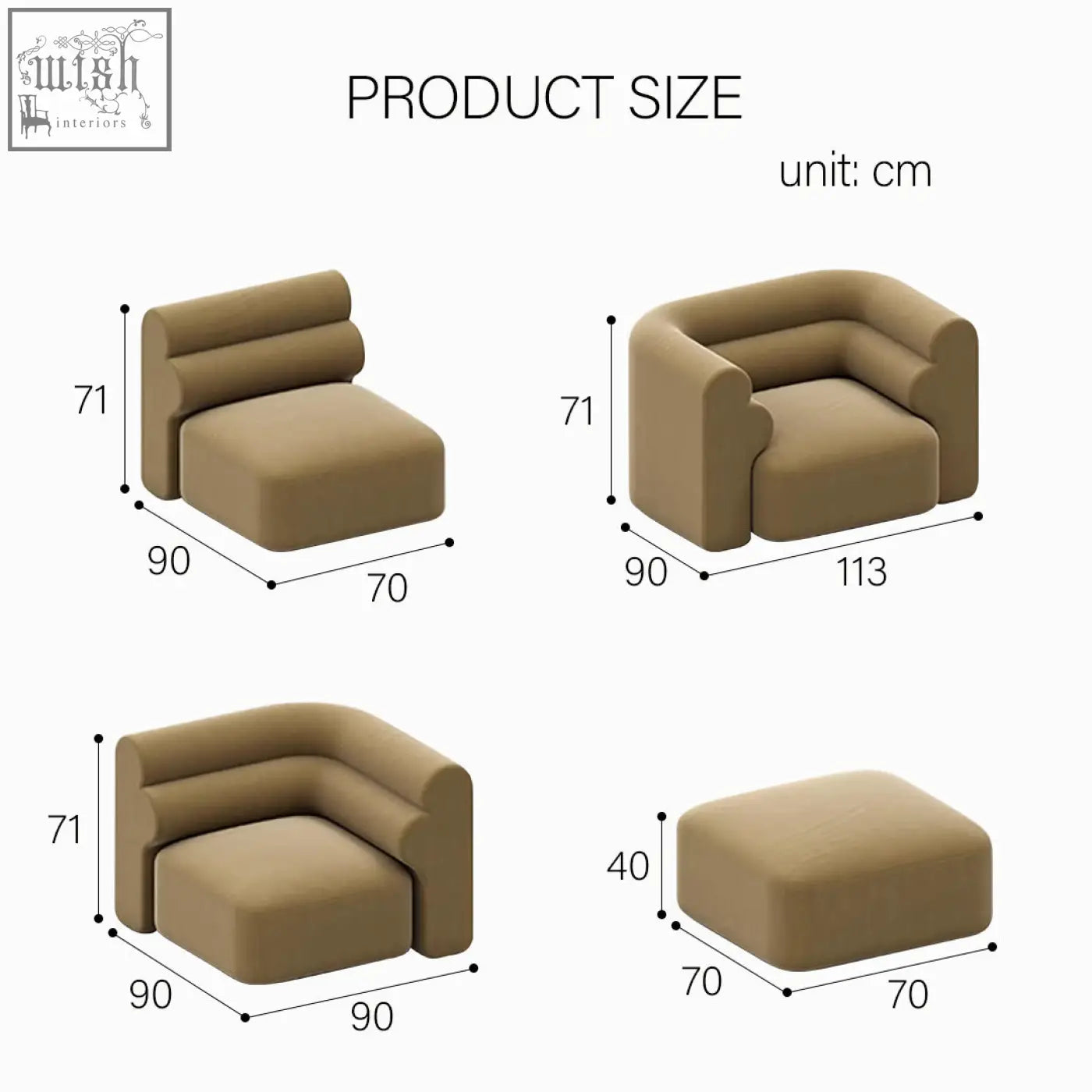 Tan upholstered velvet bae three seater corner sofa with cushioned rounded corners and minimalist design modular set
