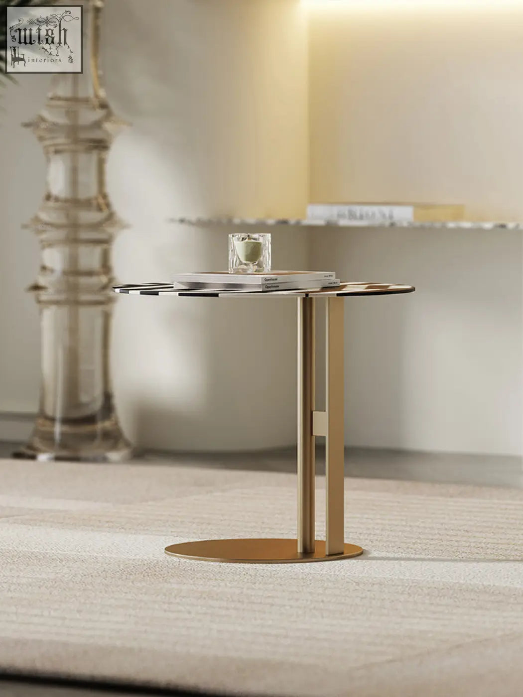 Bagley side table stainless steel with a sleek circular glass top and gold-toned metal legs perfect as coffee table