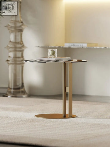Bagley side table stainless steel with a sleek circular glass top and gold-toned metal legs perfect as coffee table