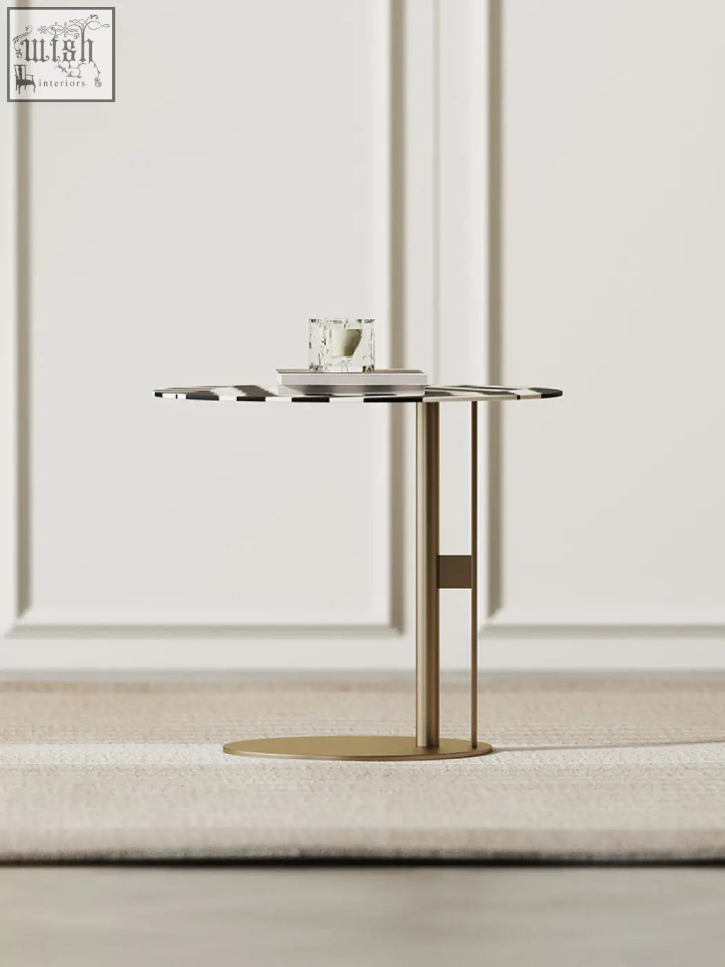 Bagley coffee table with a circular glass top featuring black and white geometric patterns and a gold stainless steel base