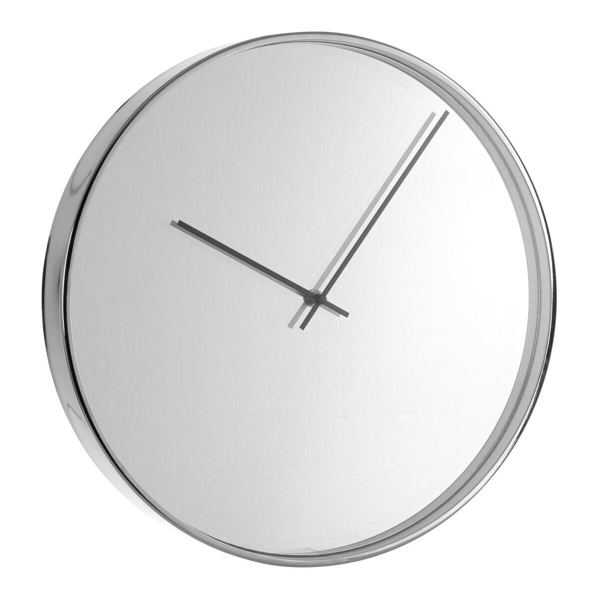 Bailie chrome and mirror wall clock with sleek chrome frame and minimalist black hands on reflective mirror wall face
