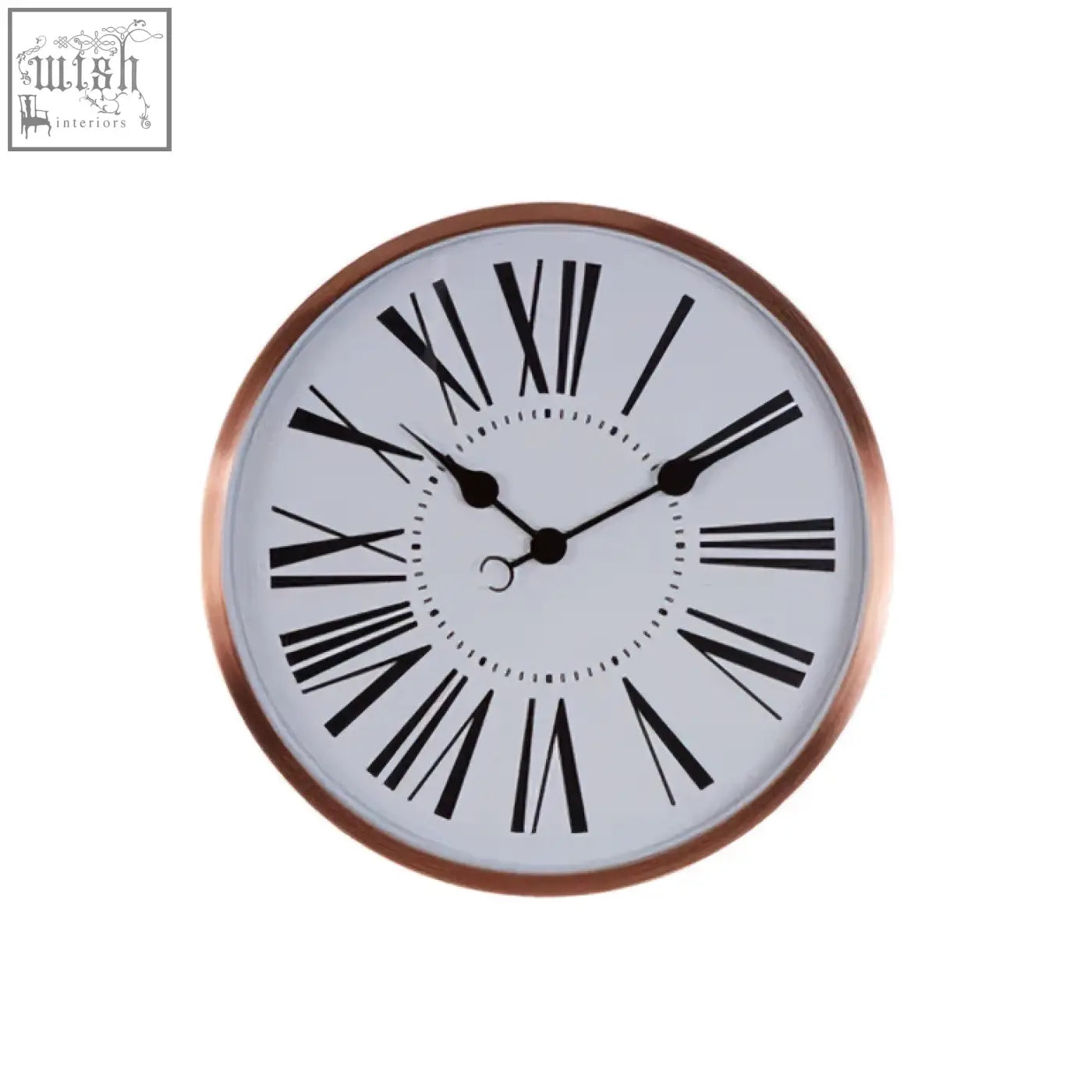 Baillie rose gold wall clock with a white face, black roman numerals, and copper-colored metal frame