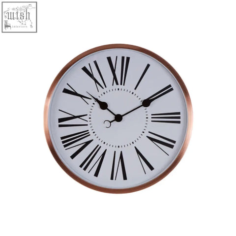 Baillie rose gold wall clock with a white face, black roman numerals, and copper-colored metal frame