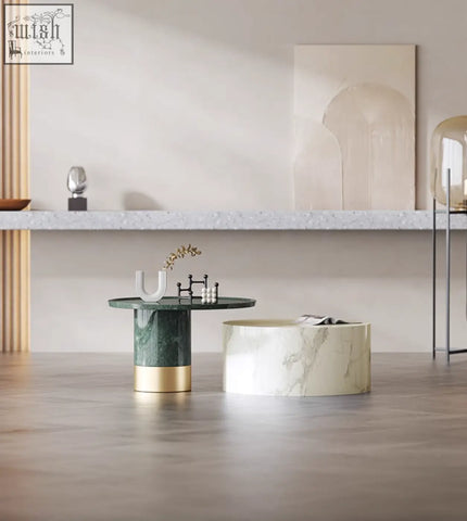 Dark green marble coffee table with gold base and white marble side table in bain coffee table set marble
