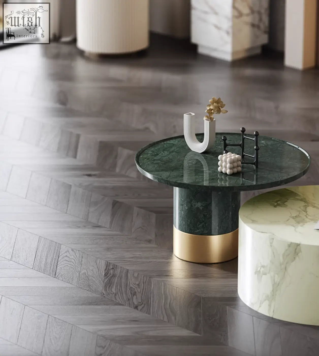 Dark green marble coffee table with gold accented base from bain coffee table set perfect for stylish living rooms