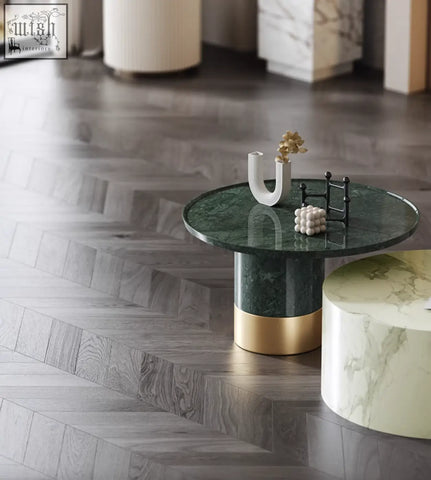 Dark green marble coffee table with gold accented base from bain coffee table set perfect for stylish living rooms