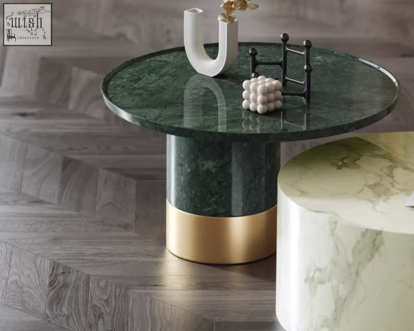 Dark green marble coffee table with a gold-accented base from the bain coffee table set perfect for stylish table set living rooms